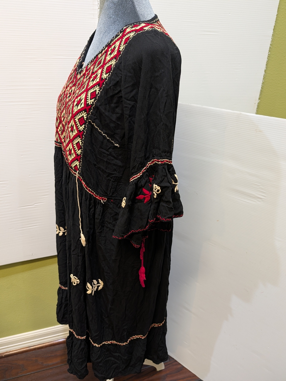 0922 Black Bohemian Maxi Dress with Red & Cream Hand Embroidered Accents